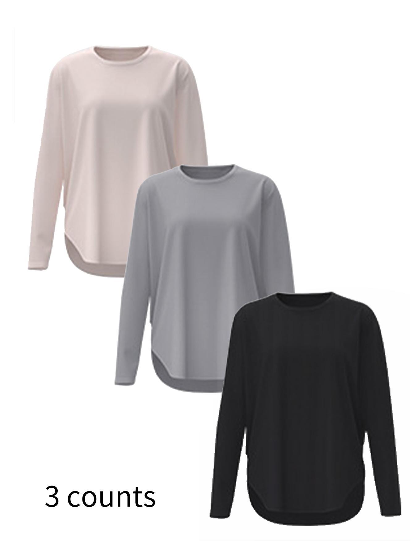 Women's Solid Split Hem Sports Tee, Casual Long Sleeve Round Neck T-shirt for Yoga Gym Workout, Ladies Sportswear for All Seasons