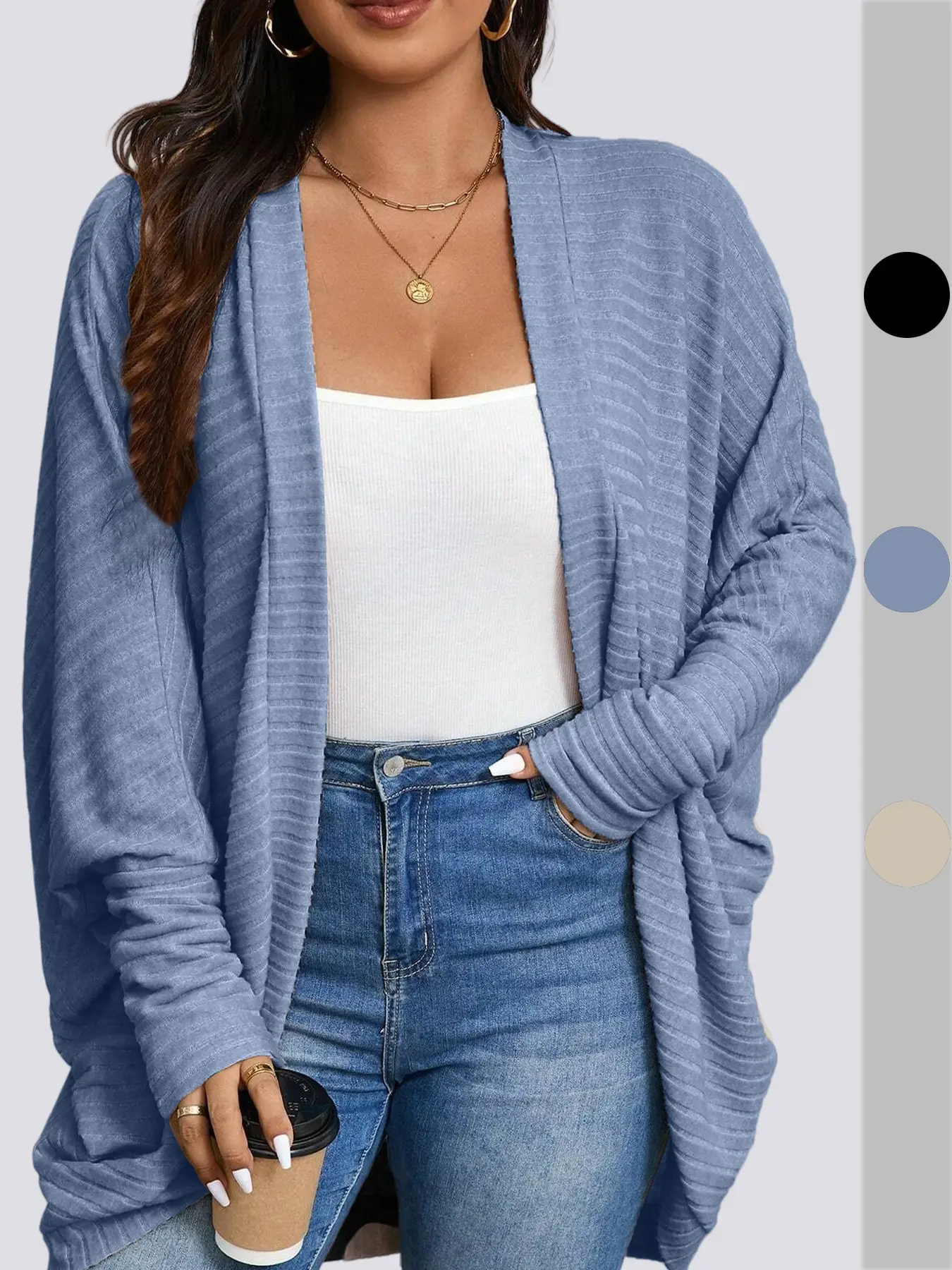 Plus Size Women's Fall Winter Casual Chic Loose Striped Knit Cardigan Coat, Long Sleeve Drop Shoulder Sweater Jacket, Ladies Fashion Outerwear, Soft T