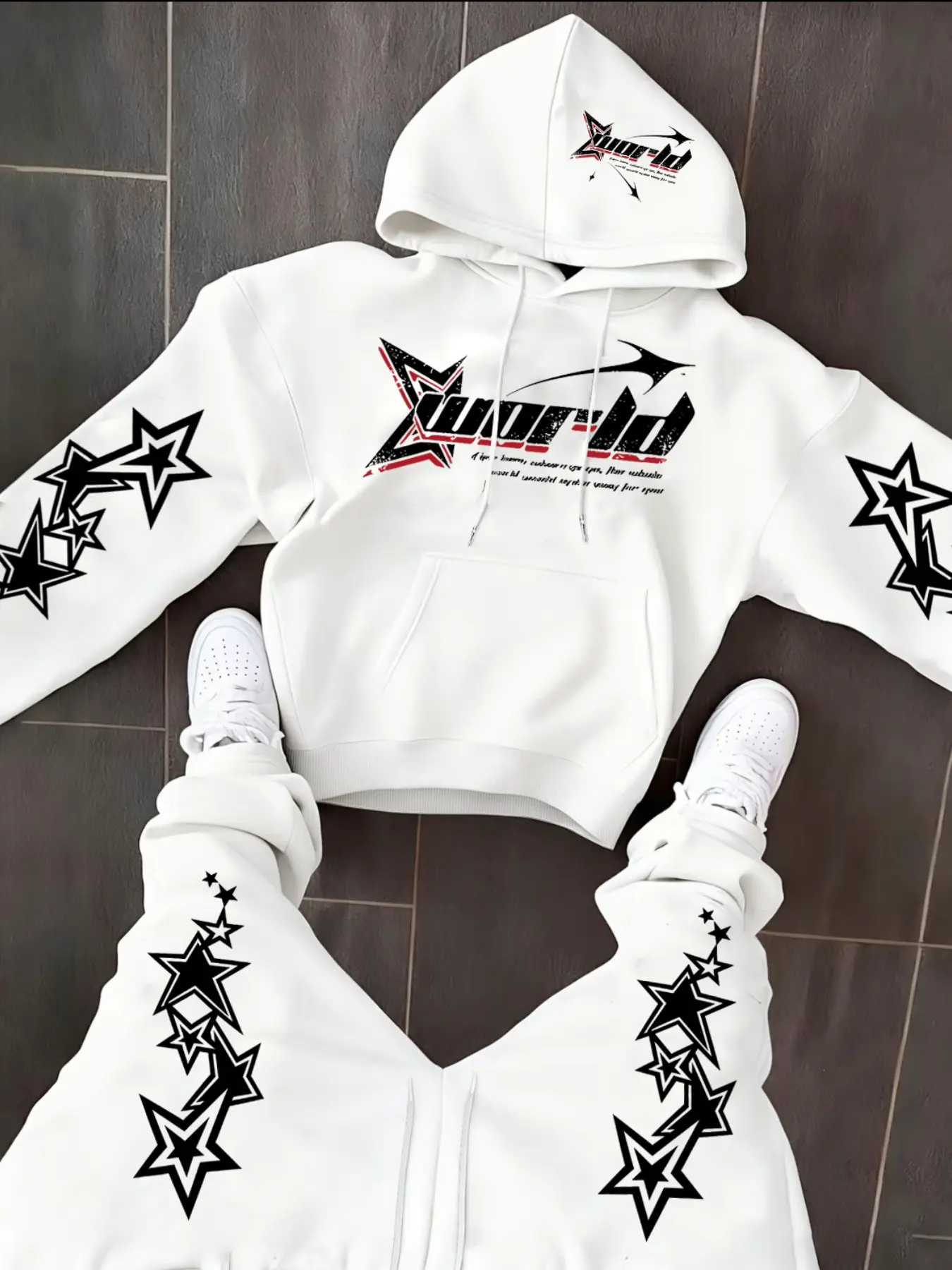 Men's Trendy Versatile Set, Letter Star Pattern Print Hoodie + Outdoor Drawstring Pants, Fashion Casual Outdoor Suit