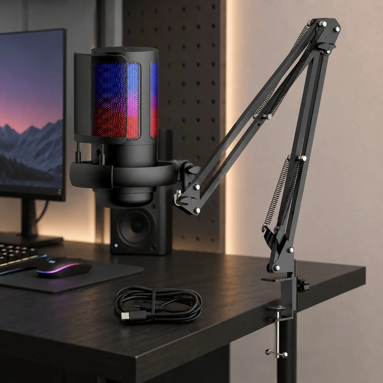 USB Condenser Microphone Kit, Live Broadcast Equipment, Gaming Mic with RGB Lighting, Shock Mount & Pop Filter for Streaming, Gaming, Podcasting. Features One-Touch Mute, Gain Control, Noise Reduction. Live Broadcast & Recording
