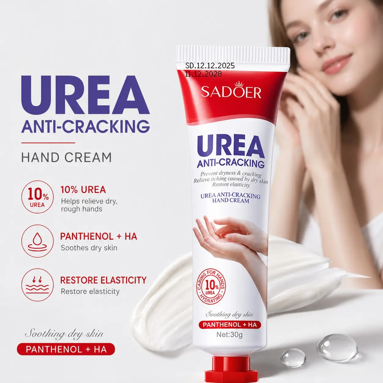 10% Urea Hand Cream, Deep Moisturizing Balm for Dry Cracked Hands, Contains Panthenol & Ha, Soothes Rough Skin, Daily Hand Care