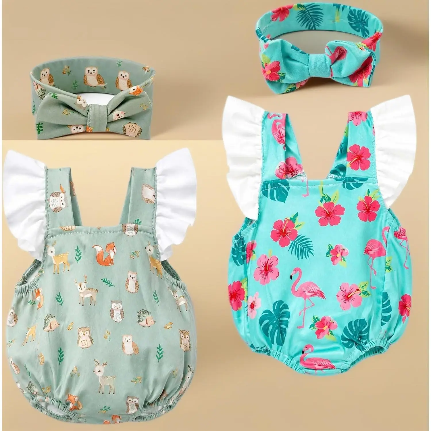 2 Pack Doll Clothes for 18-22 Inch Reborn Baby Dolls, Cute Onesie Romper and Headband Set, Elastic Doll Outfits Matching Accessories Value Pack (Forest Animals & Tropical Flamingo)