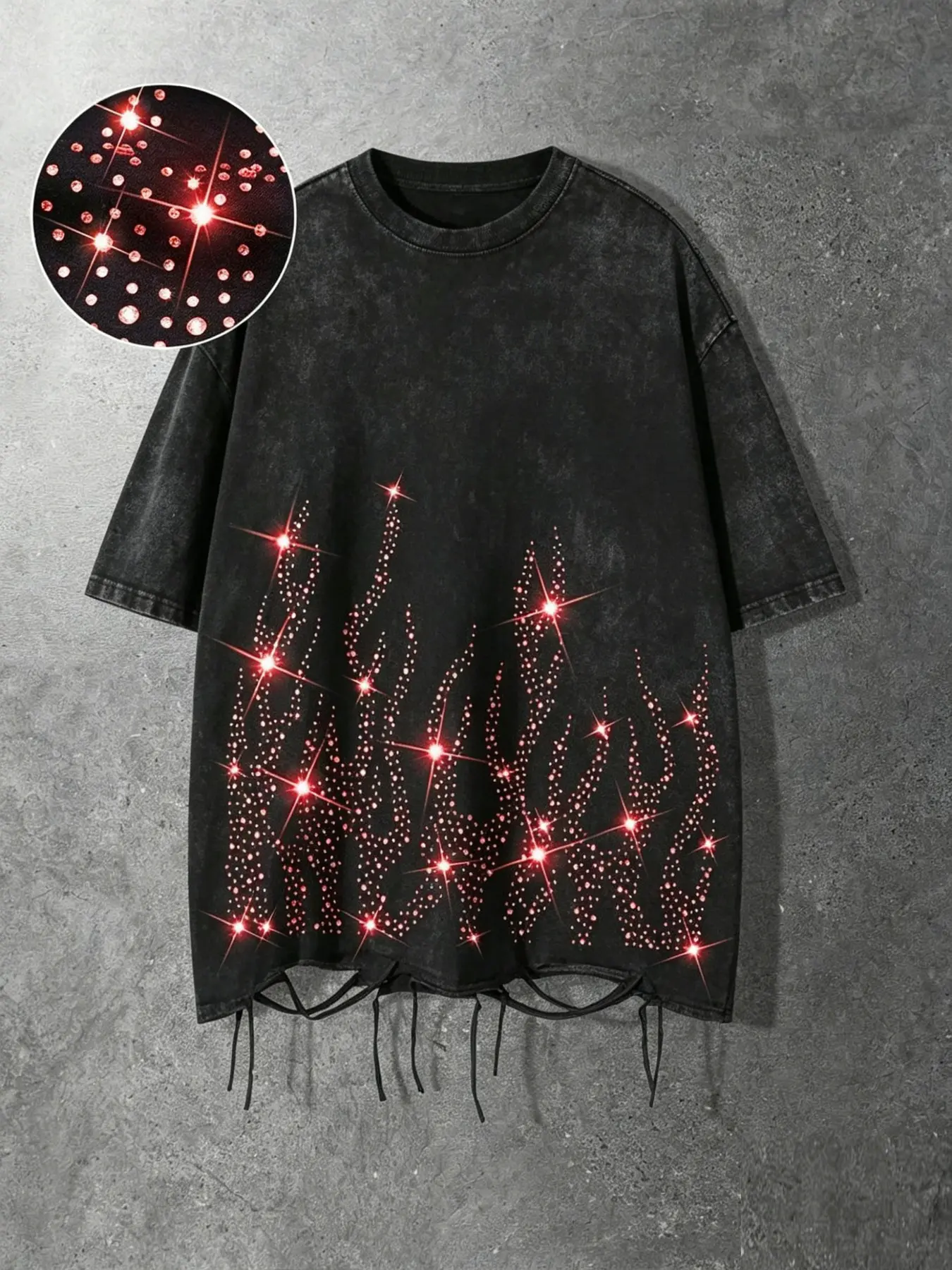 100% Cotton Men's 100% Cotton Y2K High Street Flame Rhinestone Washed T-Shirt, Loose Fit Ripped Short Sleeve, Trendy Streetwear Sparkle Top