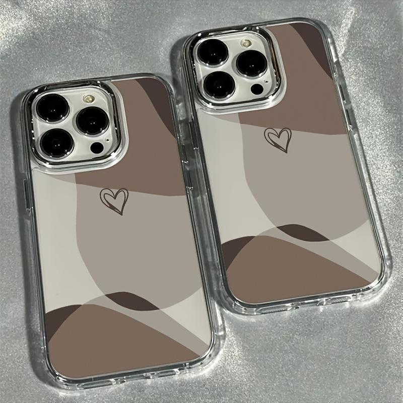 Phone case suitable for iPhone 17, 16 Pro Max, 15 Plus, 14, 13, 12 series. This trendy and creative luxury transparent brown heart-shaped phone case features an electroplated lens design
