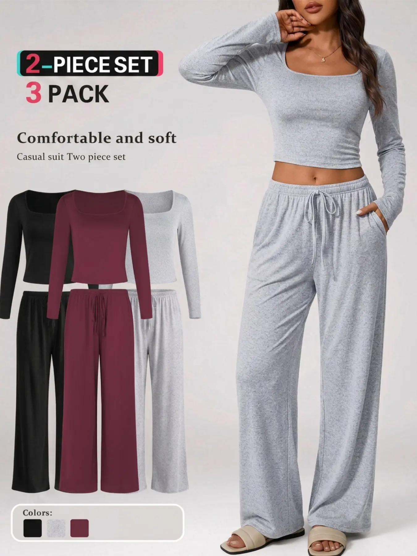 1/3 Sets Women's Solid Loungewear Two-Piece Pajama Set, Casual Comfy Square Neck Long Sleeve Tee & Drawstring Pants Set,Casual Comfy Matching Outfit, Cozy Everyday Wear Set for Women，Ladies Sleepwear for Spring & Fall