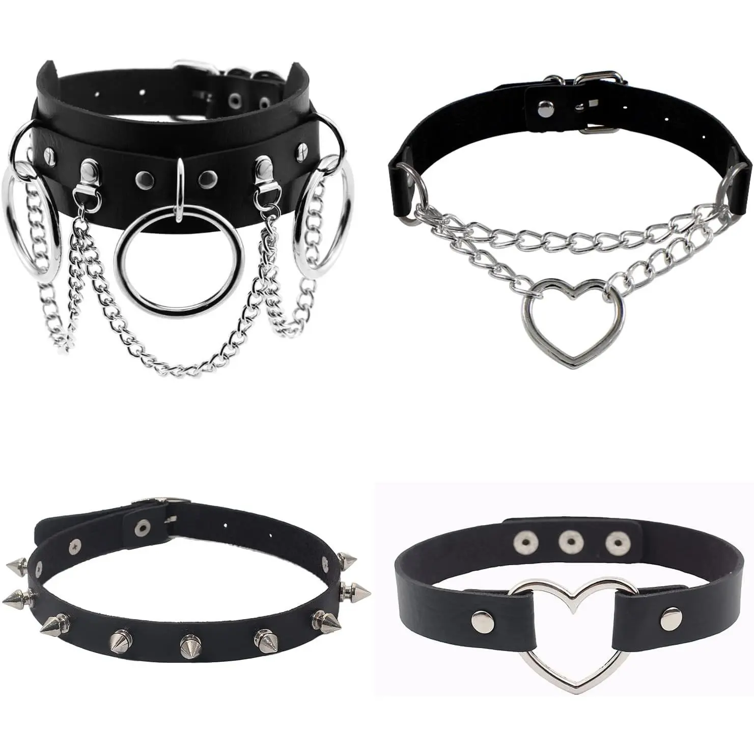 4 count Halloween Cool Steampunk Love Heart Shaped Gothic Goth Punk Rock Rivet Spike Studded PU Leather Choker  Necklace Sets for Women Lady Adjustable   Night Club Party Costume Accessory Chocker  Black