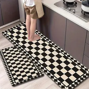 2/3pcs Flannel Kitchen Mat Set, Classic Checkered Pattern, Non-Slip, Absorbent, Ideal for Bathroom, Laundry Room, Hallway
