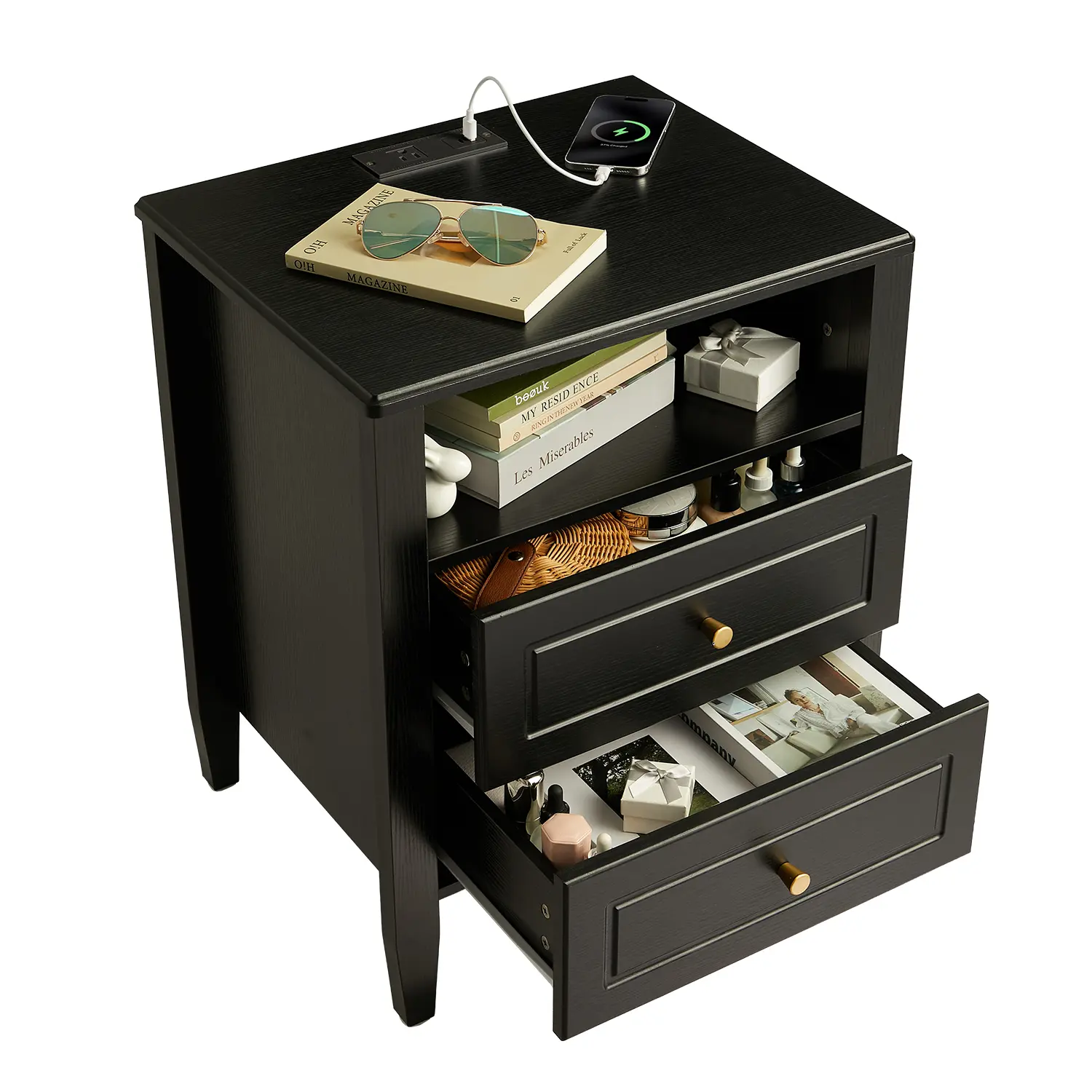 Gaomon Modern Bedside Table with Wireless Charging Station, Black Nightstand with 2 Drawers & Open Shelf, End Side Table with Gold Knobs for Bedroom Living Room Home Office