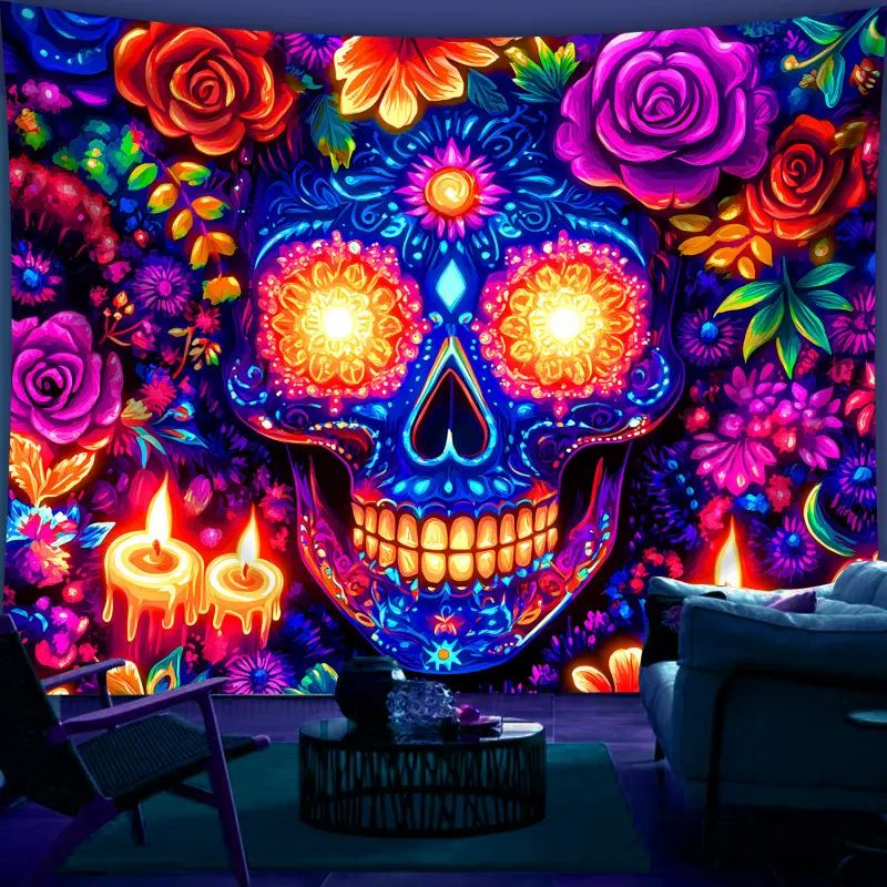 1 Piece Glow-in-the-Dark Mexican Candle Flower Skull Tapestry - UV Reactive Large Fluorescent Cotton Wall Hanging, Custom Print Spooky Skeleton Decor for Bedroom Office, Outdoor Wall Banner Gift Accessory Backdrop Decoration