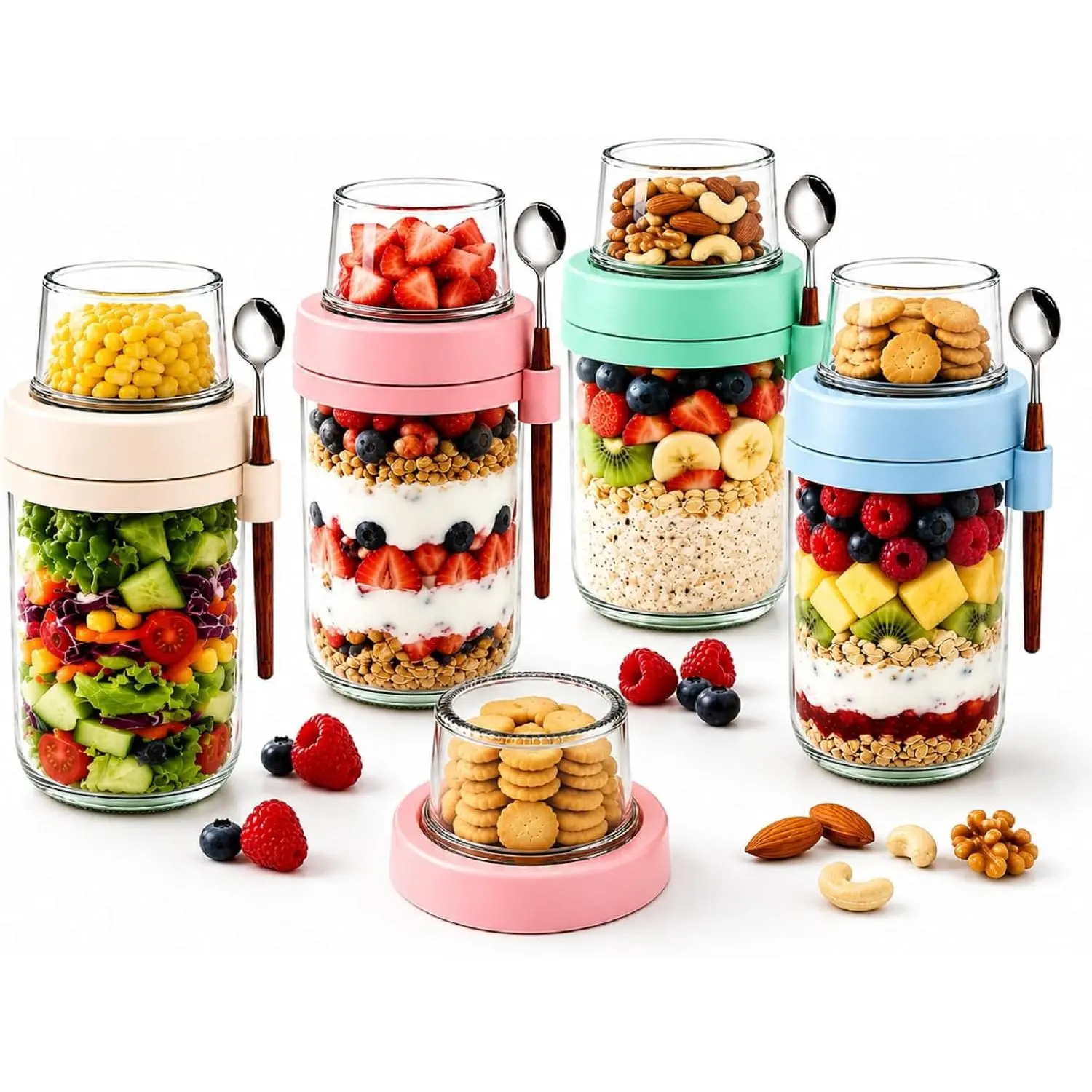20oz Food Grade Glass Yogurt Containers with Lids - 4-Pack Dual Compartment Meal Prep Jars, Leakproof BPA-Free for Parfait, Overnight Oats, Oatmeal