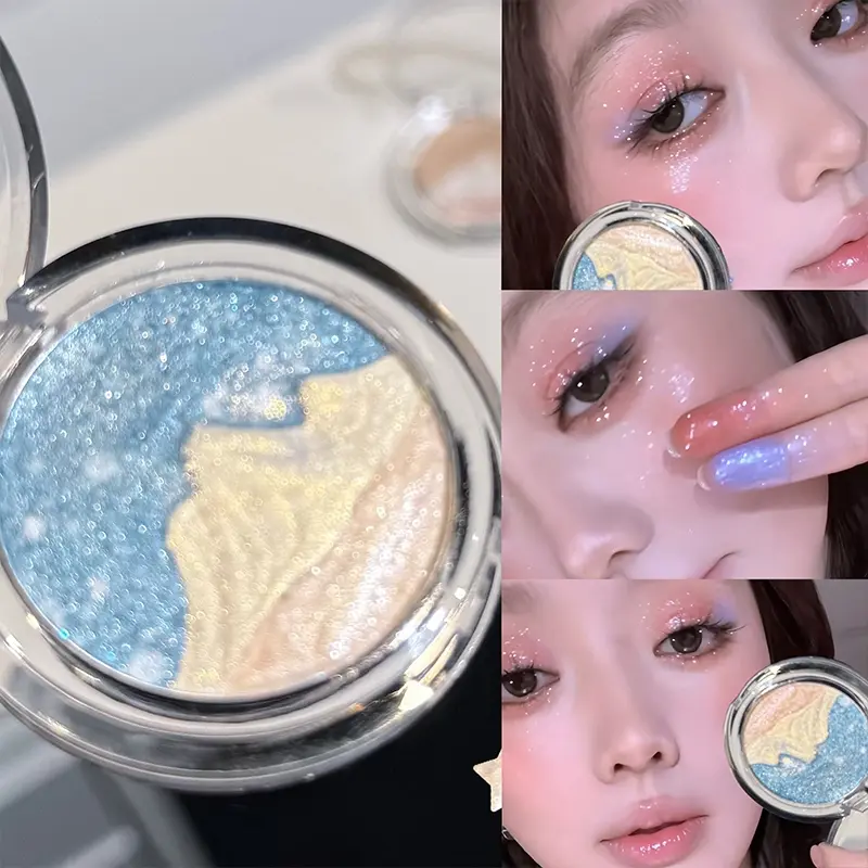 3-color Shimmer Face Highlighter powder with pearlescent shimmer, long-lasting radiance, high color pay-off for facial brightening
