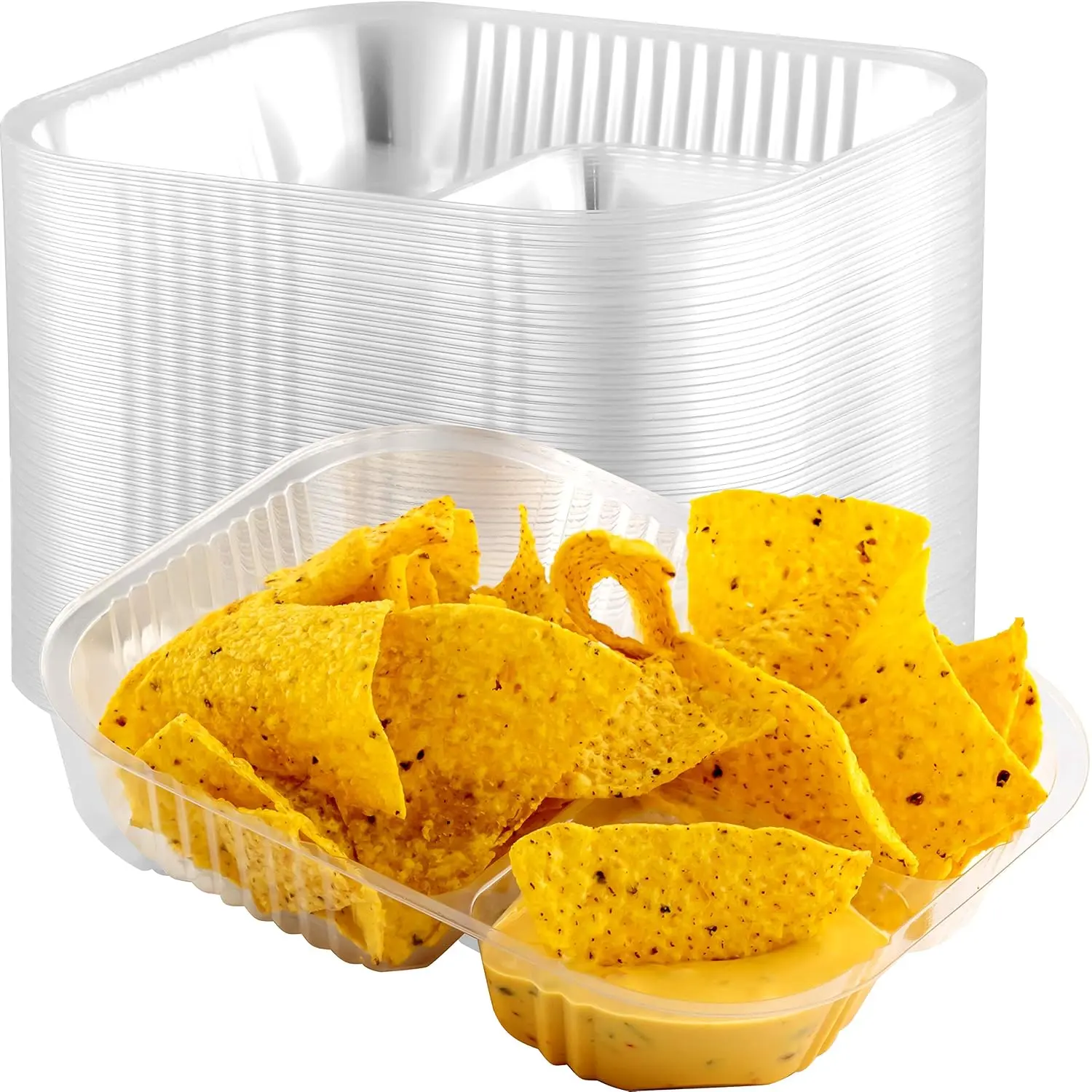Anti-Spill, Large 6x8 Inch Plastic Nacho Trays 25 Pack.  2 Compartment   for Dips, Snacks, Fair Foods. Portable Nacho Chip Holders for School Carnivals, Parties, Concession Stands