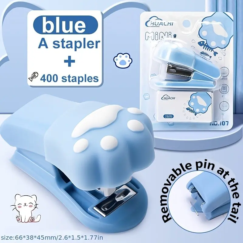A cute cat paw mini stapler with 400 staples. A stylish, lightweight, and portable small stapler for student homework binding and office desk stationery Binder Accessories