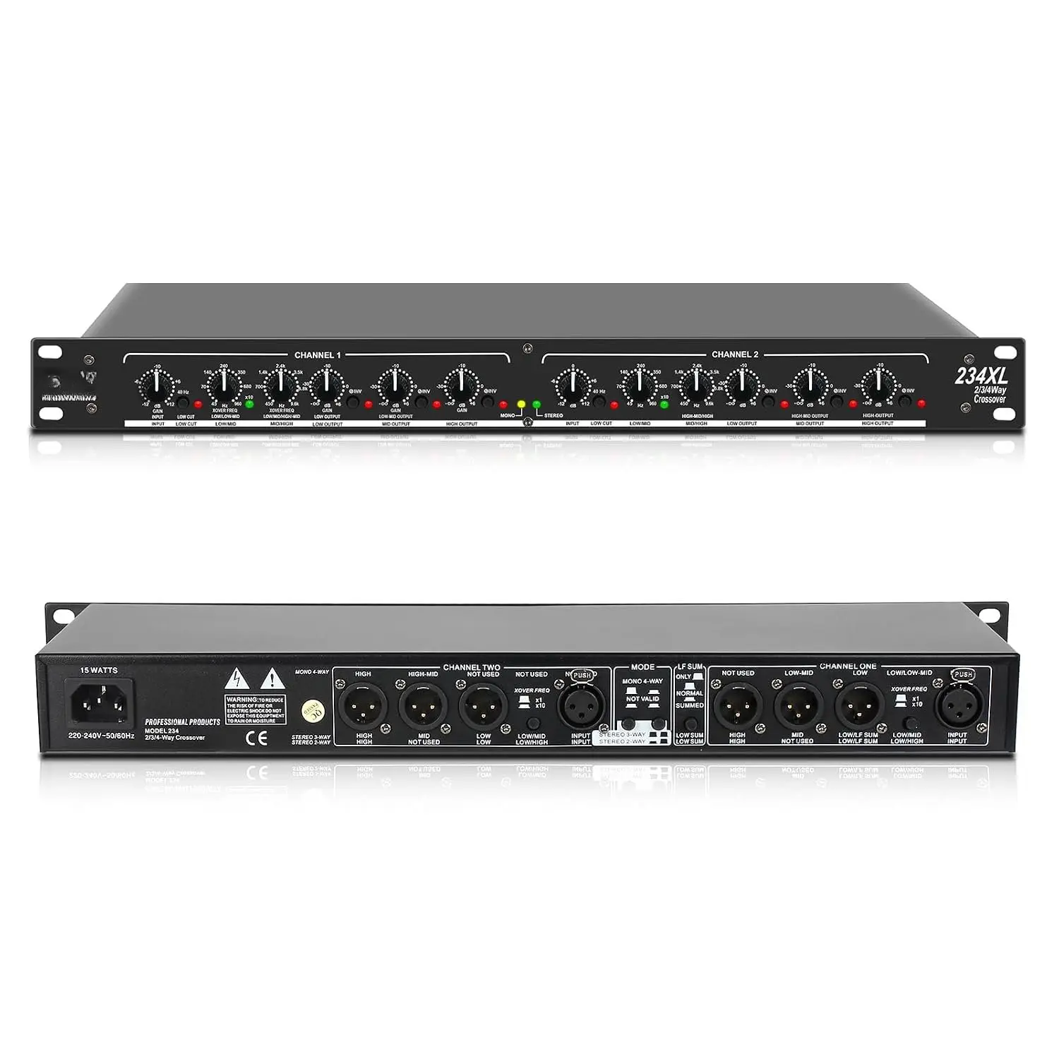 Professional 2/3 Way Stereo/4 Way Mono Crossover with XLR Input and Output, Stereo Audio Sound Processing for PA System with Subwoofer