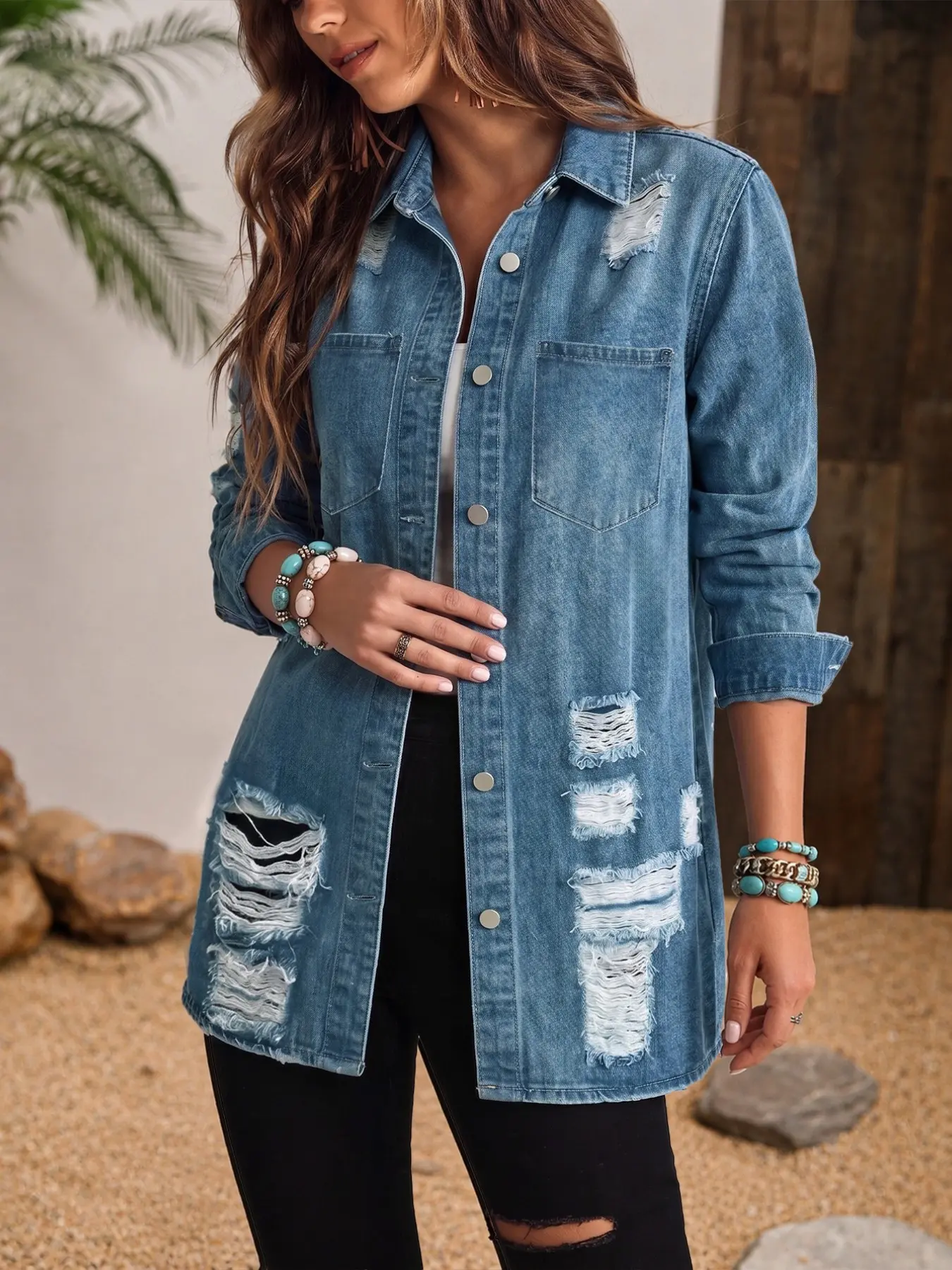 Women's Light Wash Denim Shacket, Relaxed Oversized Roll Sleeve, Button Down Jean Jacket, Dual Chest Pockets, Casual Shirt Coat
