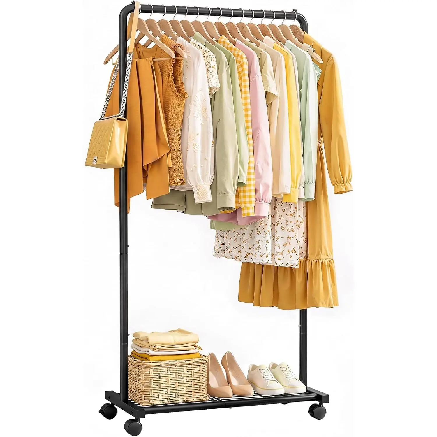 Clothes Rack - Clothing Rack with Storage Mesh Shelf & Casters, Heavy-Duty Metal Clothing Rack for  Clothes, Dresses, Coats, Large Load Capacity, Easy Assembly, Black, 28.0"x16.9"x59.0"