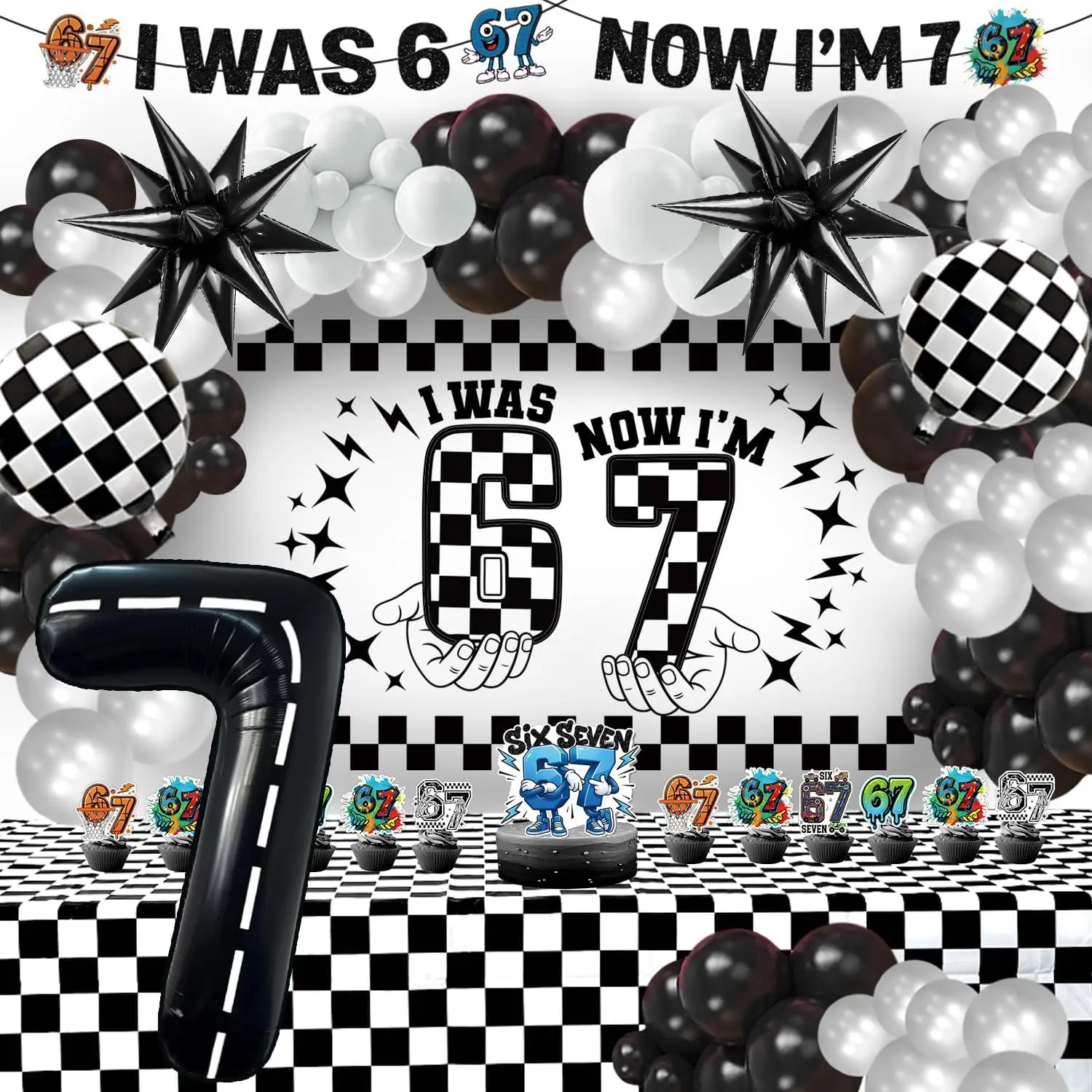 6 7 Birthday Decorations, Six Seven Birthday Party Supplies with Black White Silver Balloons, I Was 6 Now Im 7 Banner, Backdrop, Tablecloth, Cake Toppers for 7th Birthday