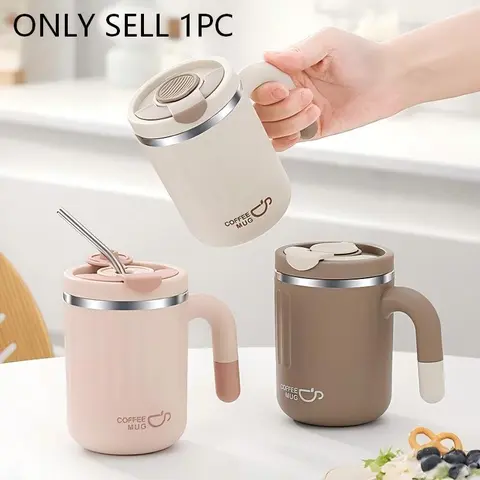 480ML Coffee Vacuum Flask, 1 Count Stainless Steel Insulated Water Bottle with Straw & Lid, Travel Mugs Insulated for Hot and Cold, Portable Drinking Cup for Home Office Outdoor Camping, Stainless Steel Thermos