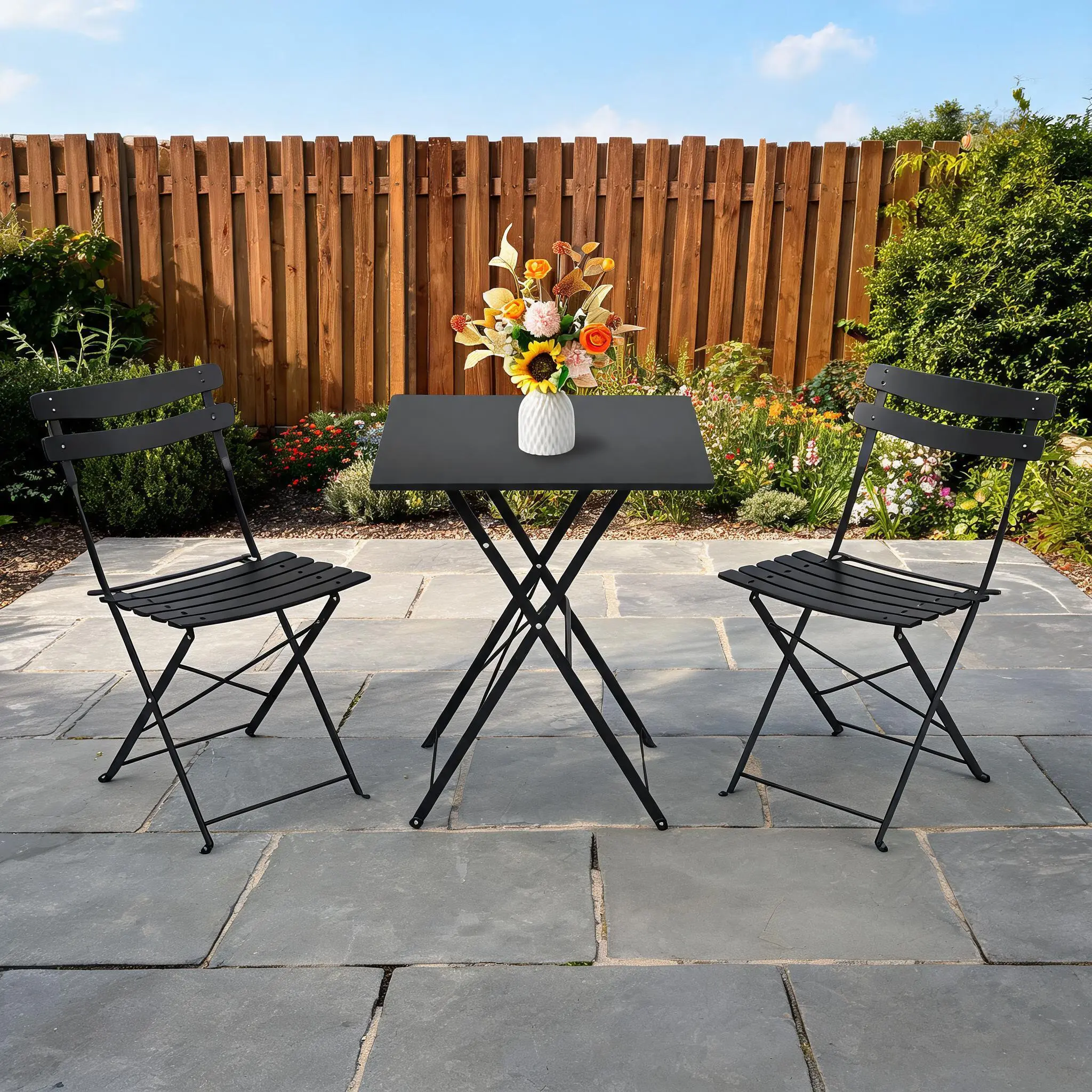 3-Piece Folding Metal Bistro Set – Weather-Resistant Outdoor Patio Table & 2 Chairs, Space-Saving, No Assembly, Modern Compact Design for Balcony, Garden, Deck, Small Spaces