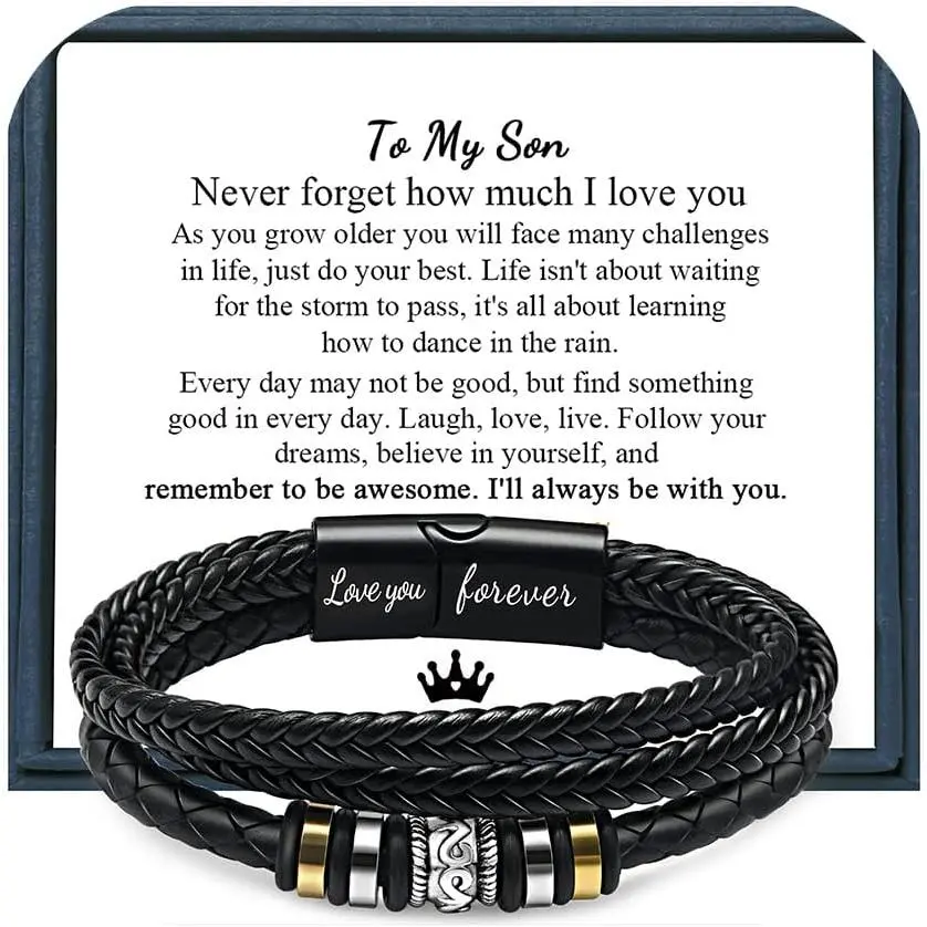 Love You Forever Linked Together Handmade Leather  Weave Bracelets with Gift Box for Mens Birthday Gift Jewelry, Bracelet for Son from Parents,Gifts for Son on his Birthday, Meaningful Gift for Son, Summerwins