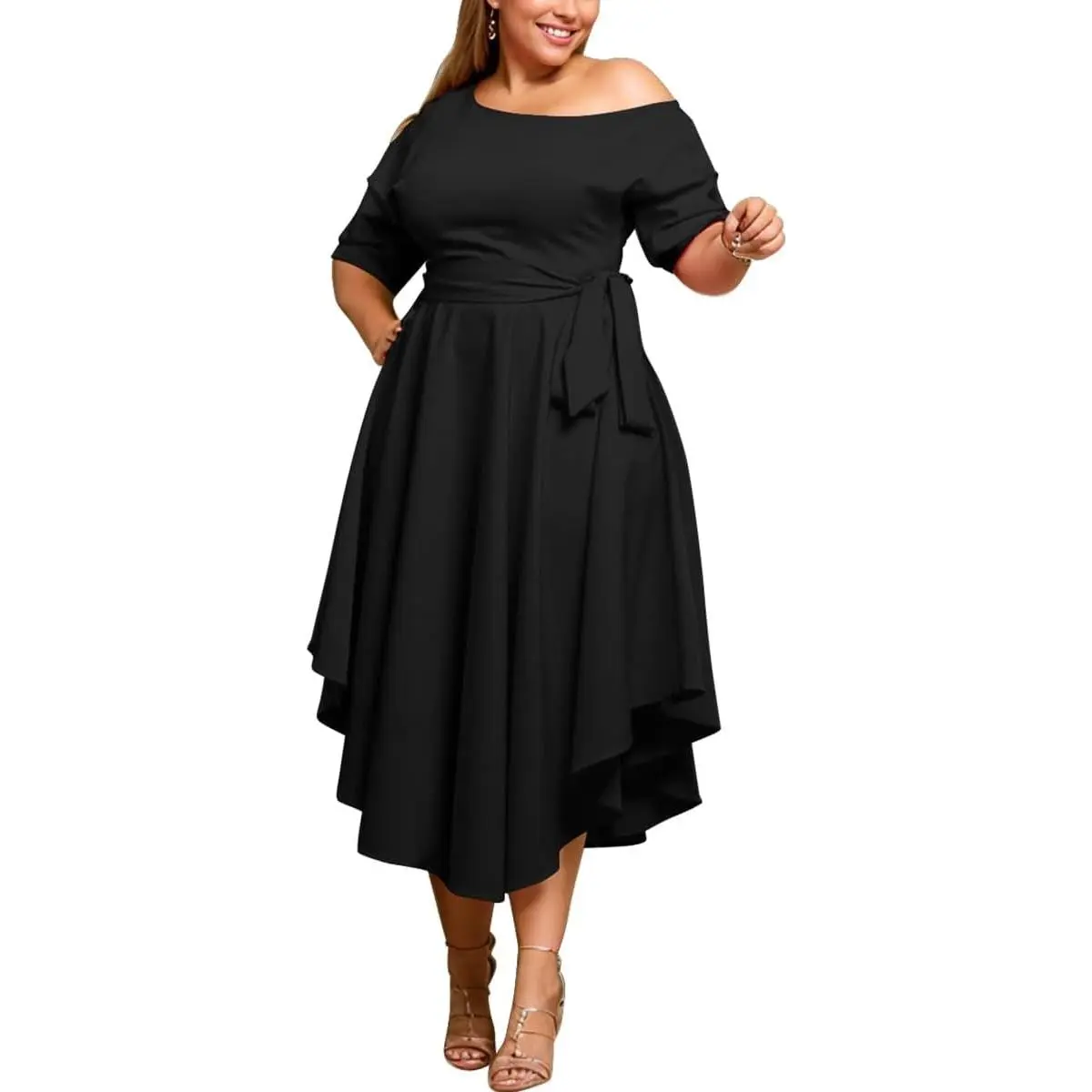 Plus Size Women Wedding Guest Dress Off Shoulder Boat Neck Irregularly Flowy Midi Church Dress