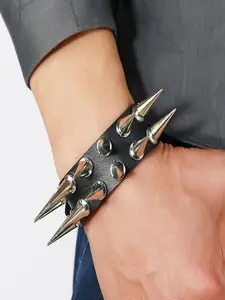 PU Leather Single Row Tall Cone Spike Wide Cuff Bracelet, Adjustable Metal Buckle Punk Rock Goth Biker Wristband, Unisex Heavy Alternative Street Jewelry for Men Women, Ideal for Rock Concert, Cosplay Party & Halloween Birthday Gift