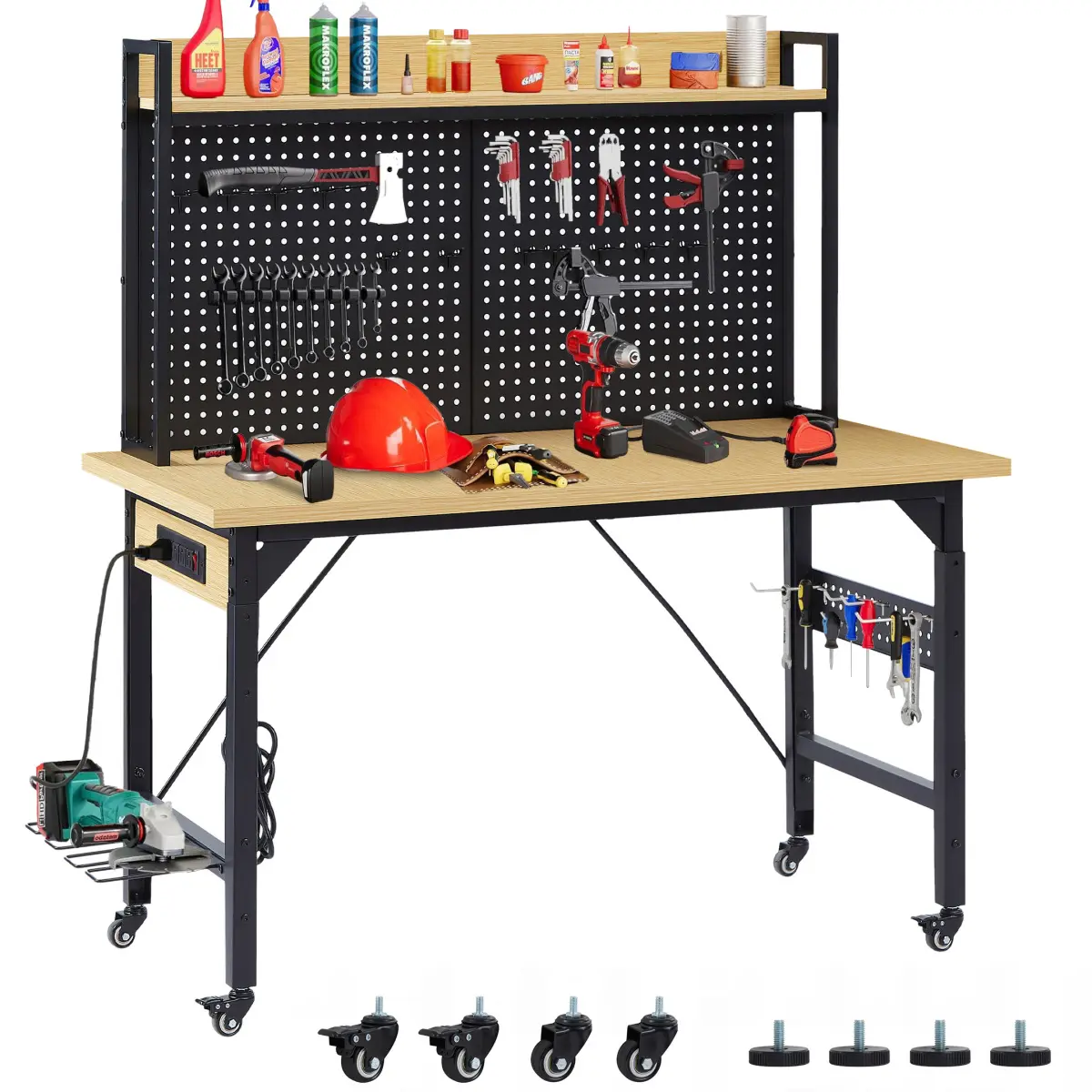 48''Adjustable Workbench with pegboard, Heavy Duty Wooden Desktop Workbench with Wheels, 1600 lb.Load Capacity, Rolling Workbench with AC/USB Outlet, Hooks, Shelf, for Garage, Workshop, Office, Home.