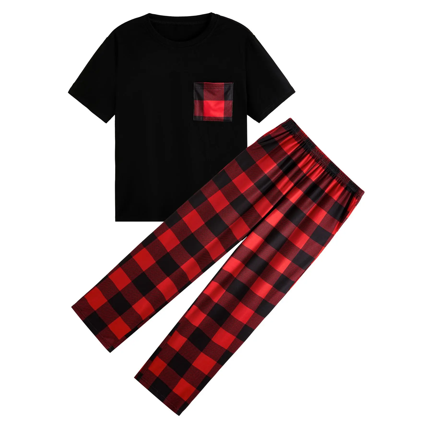 Men's 2-Piece Checked Pajama Set, Menswear Casual Loose-Fit Nightwear with Short-Sleeve Pocket Tee and Elastic Waist Pants, Soft Stretch Fabric