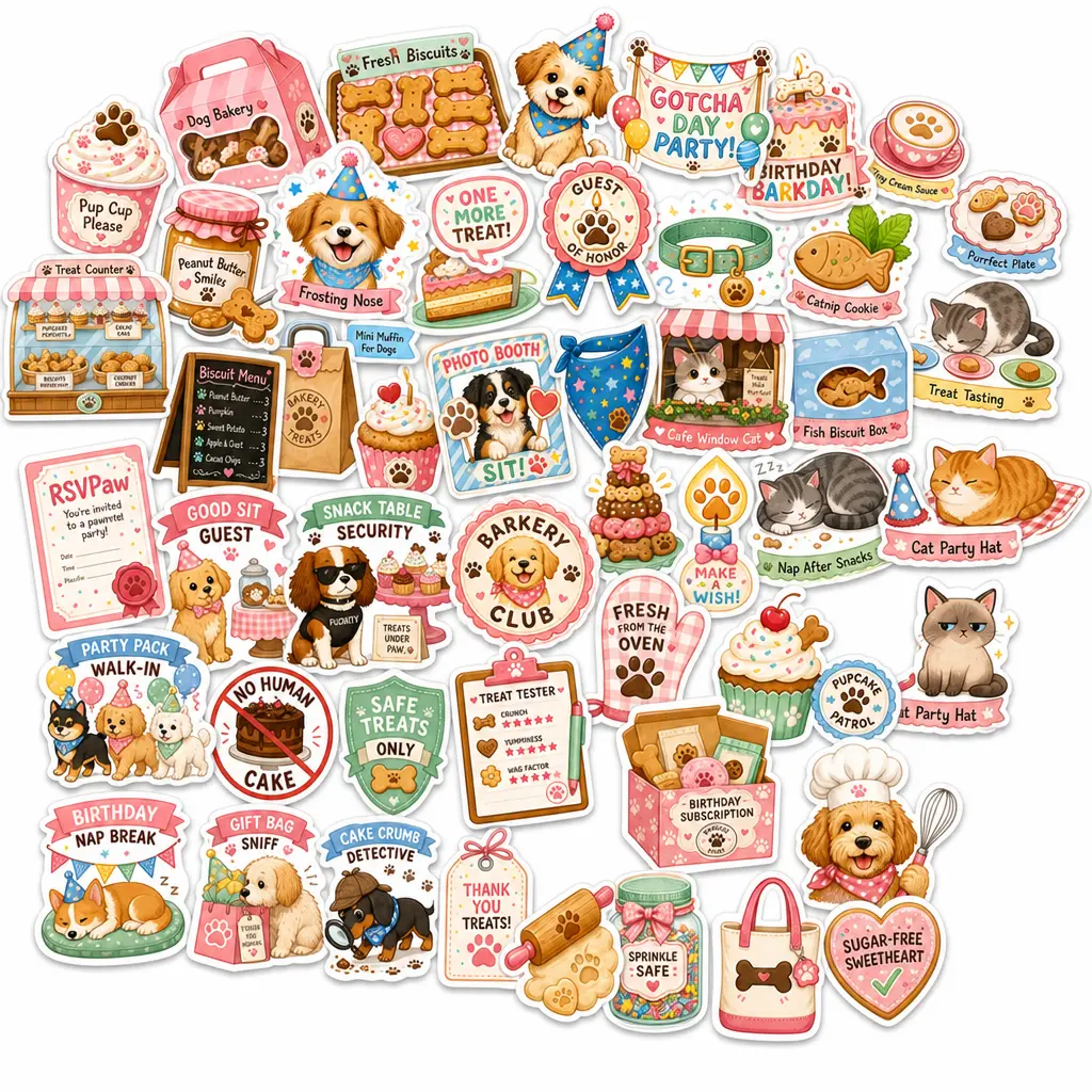 Dog Birthday Bakery Stickers | 50 Waterproof Vinyl Decals for Journals & Bottles
