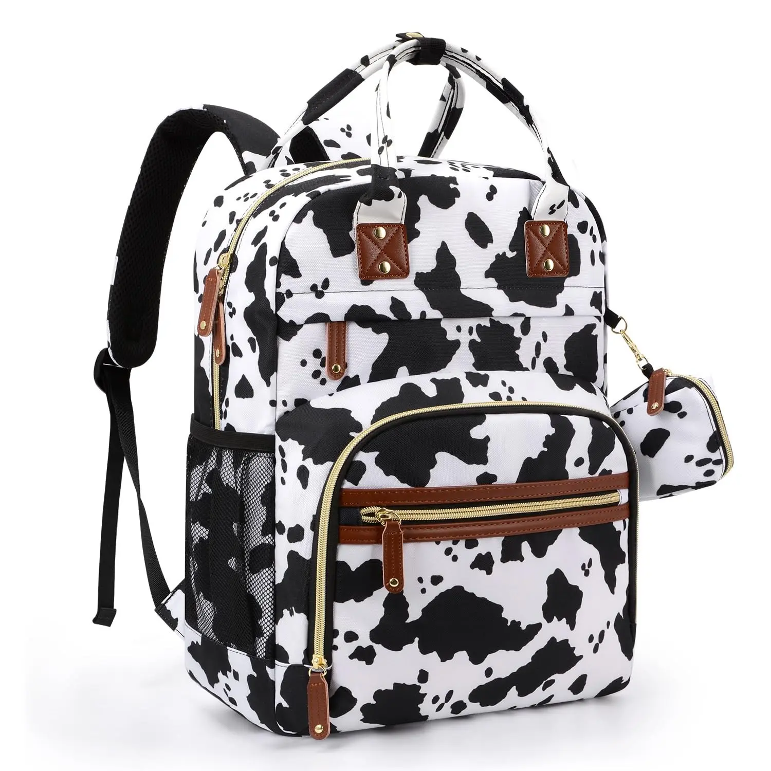 Diaper Bag Backpack, Baby Travel Tote Bag, Multi-Function Waterproof Backpack with Stroller Straps & Pacifier Case - Cow Print(Gift)