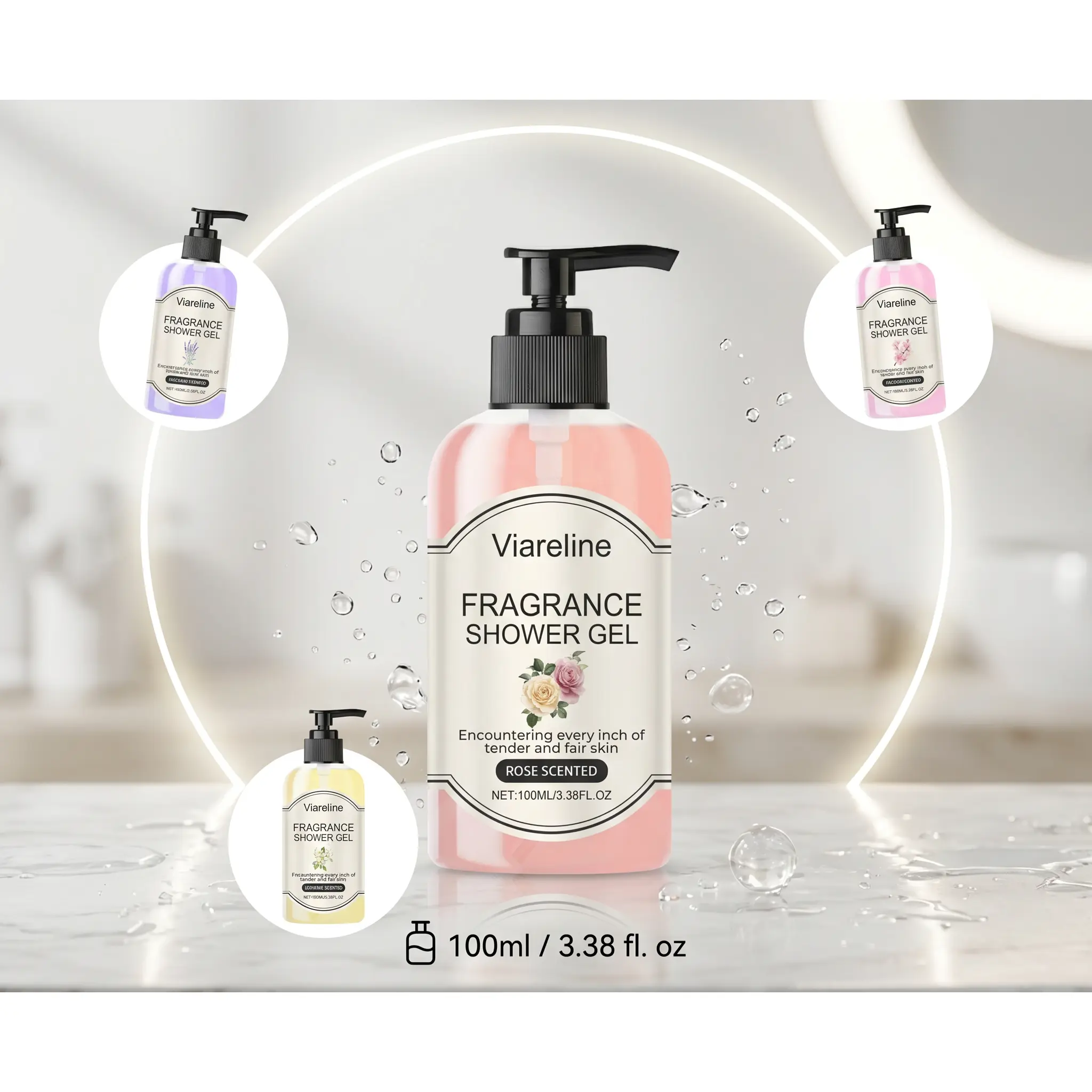 Viareline fragrance shower gel 100ml moisturizing, skin care, floral shower gel professional care| rose| lavender| cherry blossom| jasmine| long-lasting fragrance
