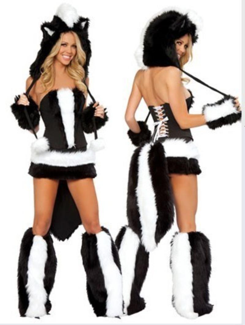 Woman Sexy Animals Costume Bunny White Leopard Fox Roleplay Outfit Hooded Dress with Tail Carnival Halloween Cosplay Party