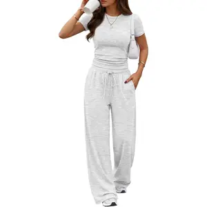 Trendy Queen 2 Piece Matching Summer Lounge Set Womens Side Ruching Top Wide Leg Pants Sets with Pockets