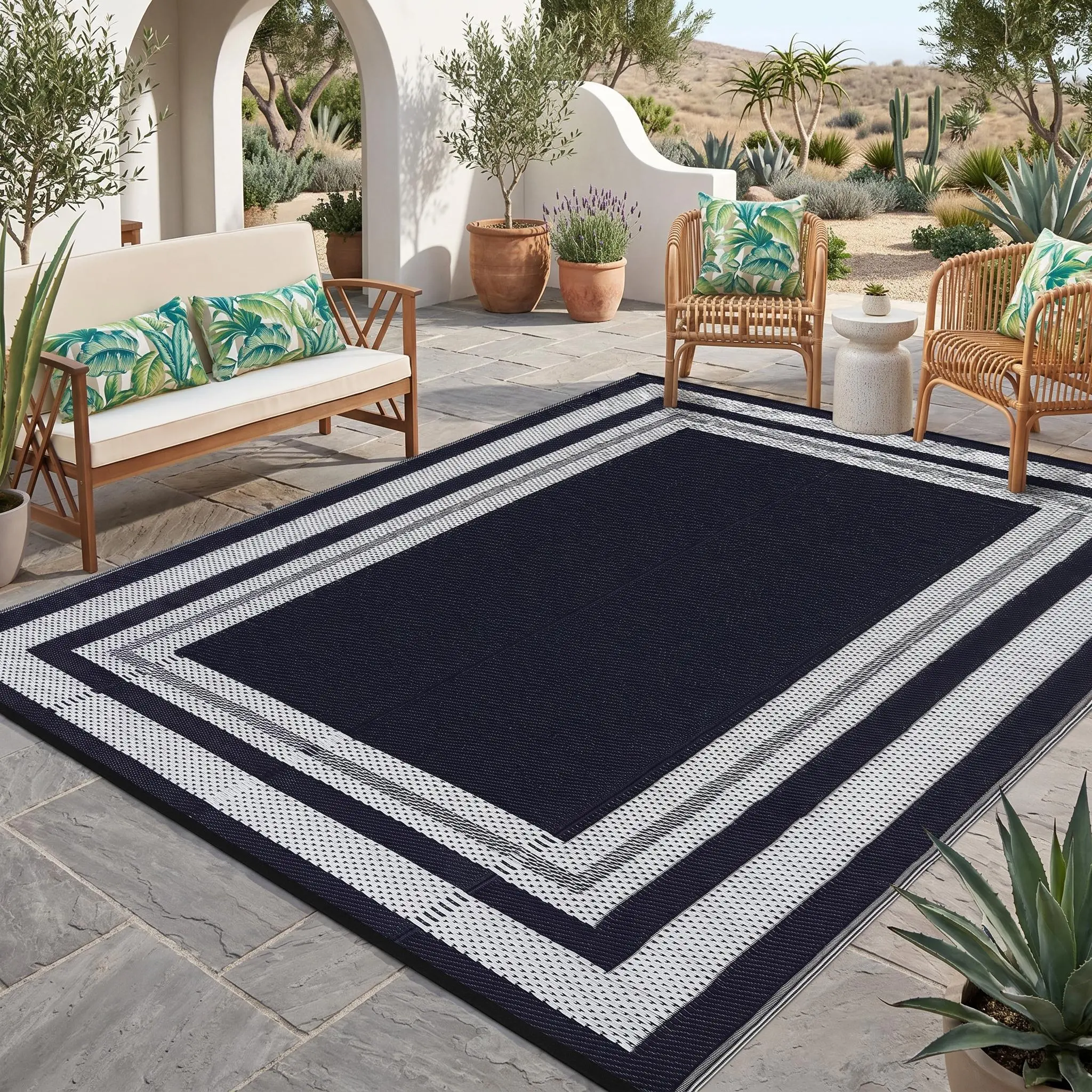 Large Size Double Sided Foldable Plastic Straw Rug With Modern Border Waterproof UV Resistant Easy To Clean And Portable Suitable For Patios Gardens And Balconies