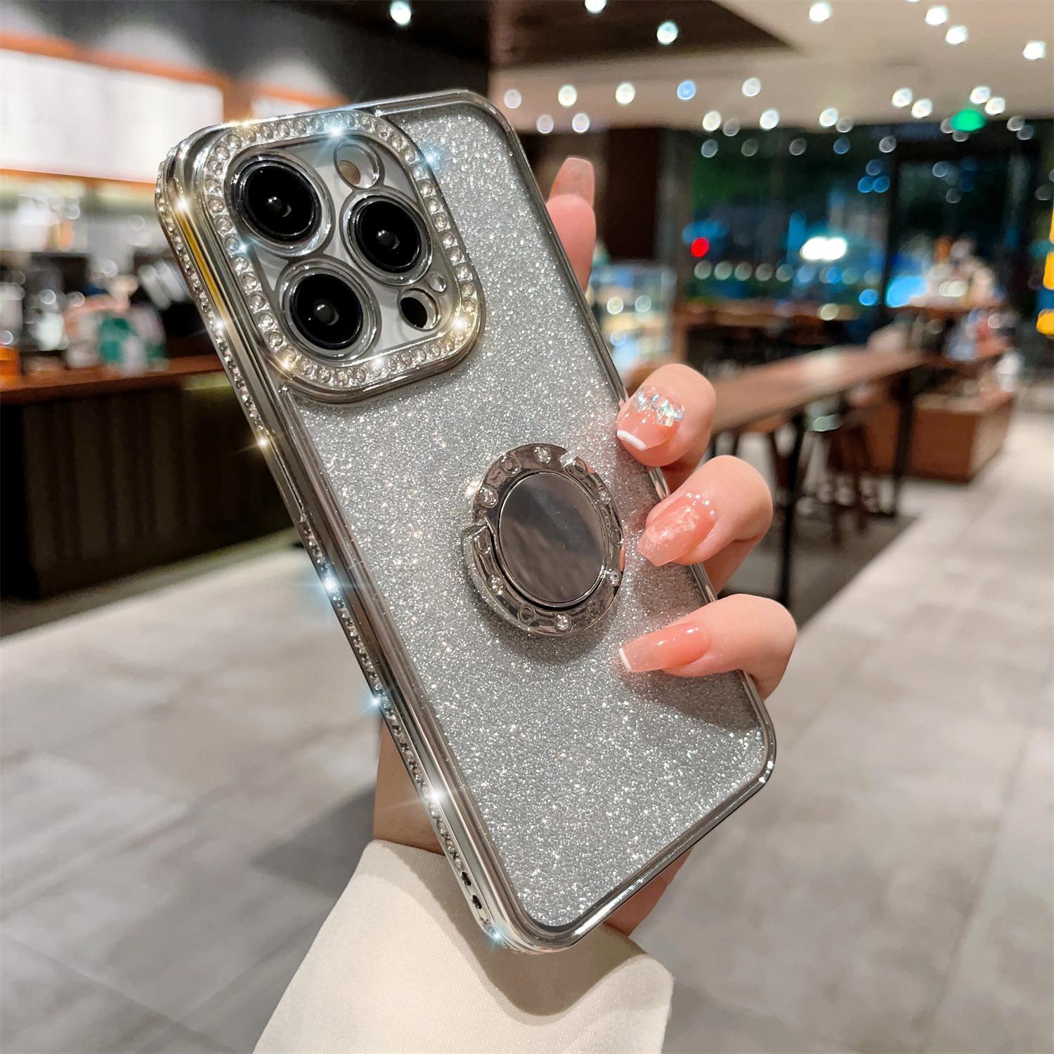 Bling Glitter Ring Case For iPhone 16 15 14 13 12 11 Pro Max Ring Holder Kickstand Case Plating Bumper Cover with Camera Lens Protector