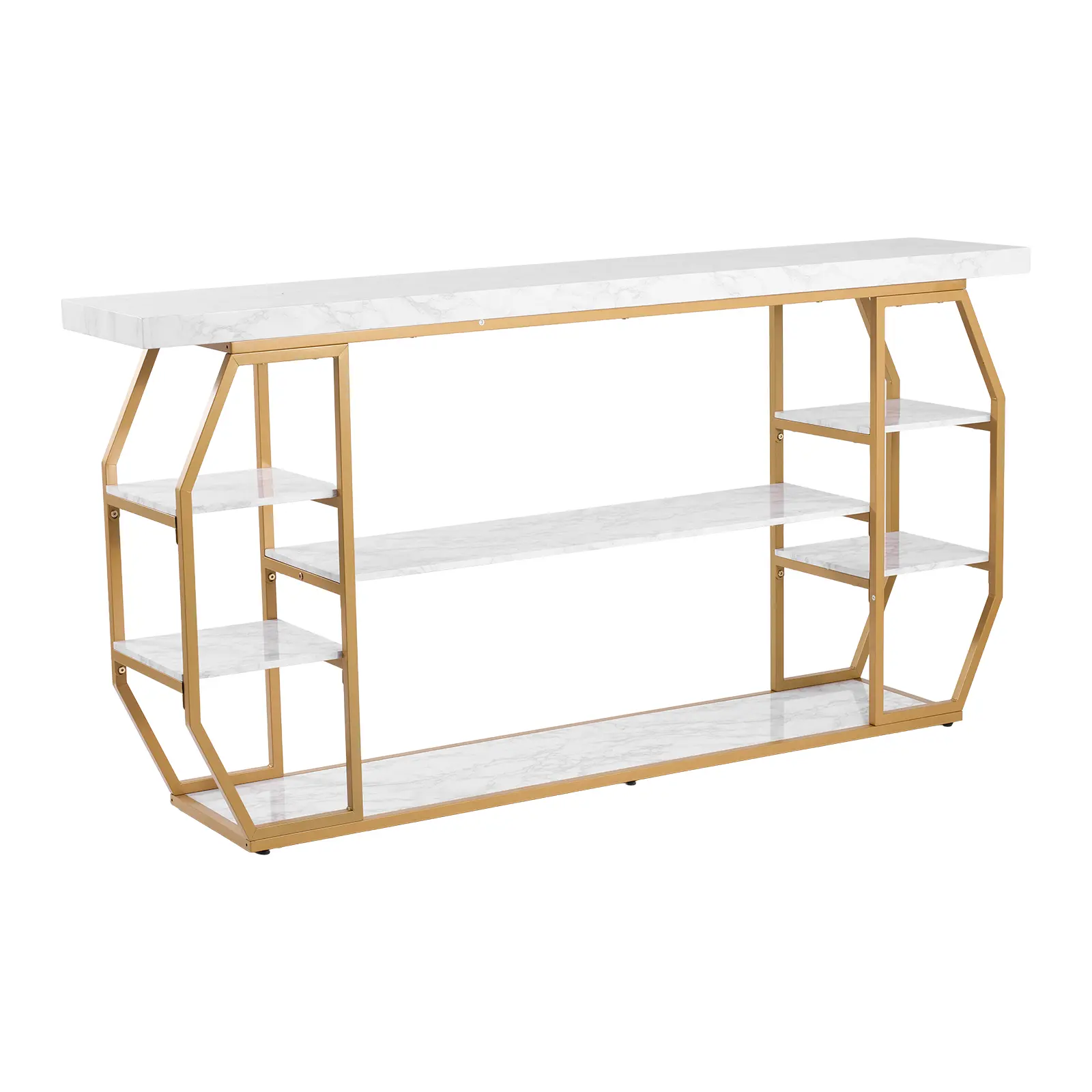 Marble Console Table, 3 Tiers Modern Console Table for Open Storage, Golden Geometric Table with Iron Tubes, Anti-Tip Device and Triangular Support for Living Room, Hallway, Entryway, Foyer