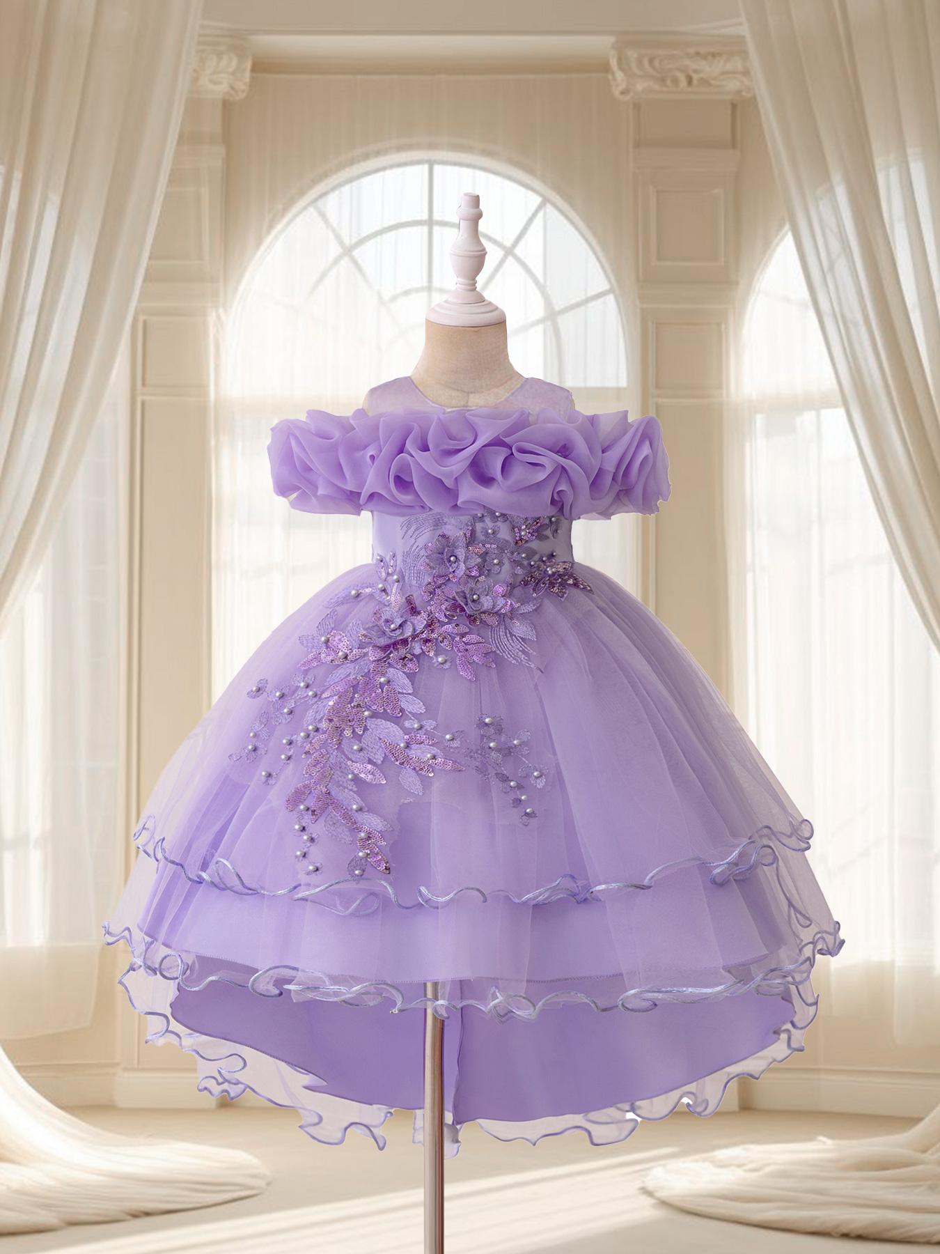 Girls' Floral Embroidered Layered Tulle Formal Dress, Embroidery Dress, Elegant Party and Performance Dress for All Seasons
