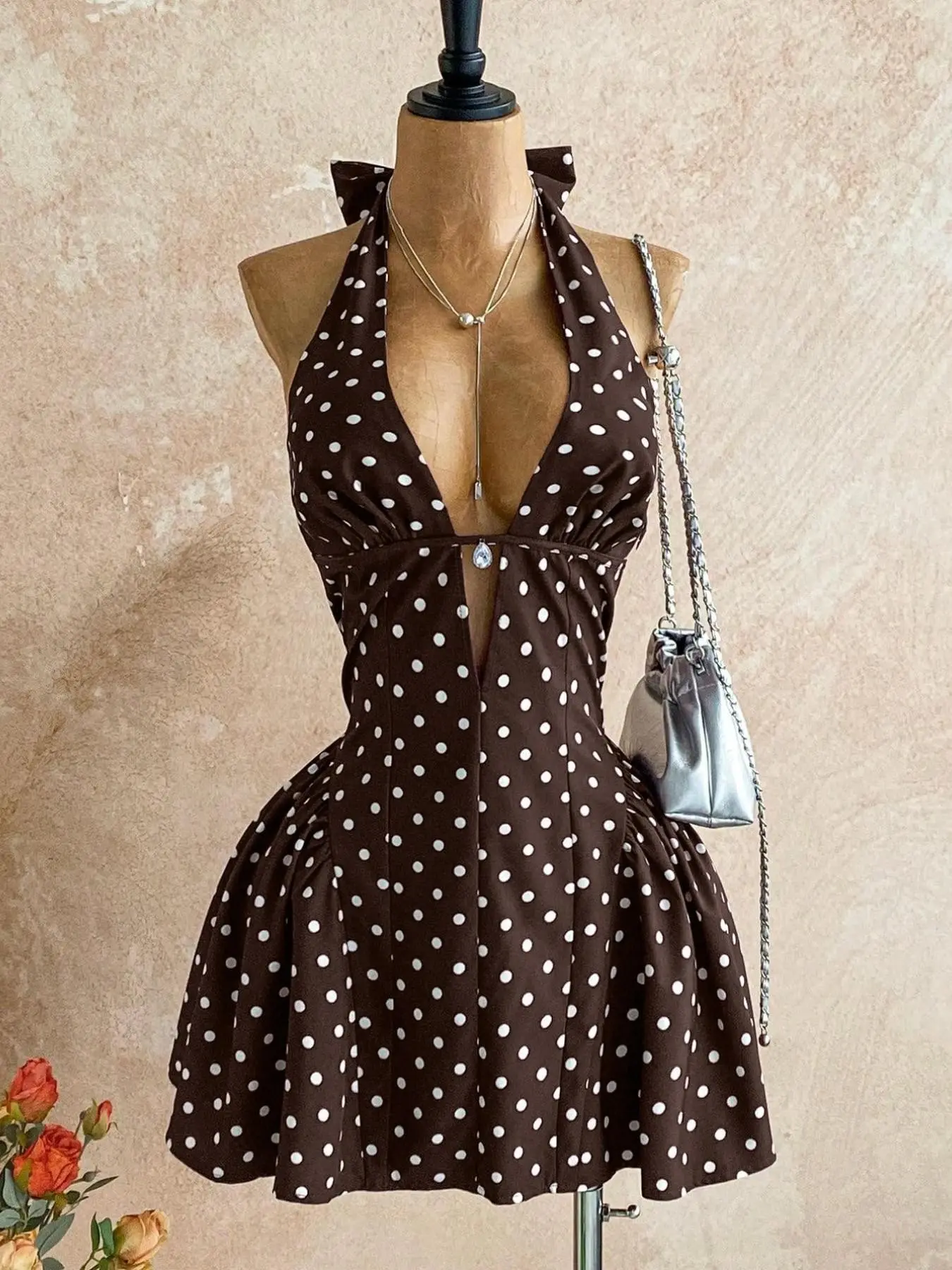 Women's Polka Dot V-Neck Sleeveless Cutout Waist A-Line Mini Dress, Feminine Boho Party Dress for Christmas, Date Nights and Vacations, Bohemian