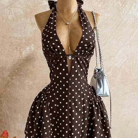 Women's Polka Dot V-Neck Sleeveless Cutout Waist A-Line Mini Dress, Feminine Boho Party Dress, Holiday Dresses for Christmas, Date Nights and Vacations, Bohemian