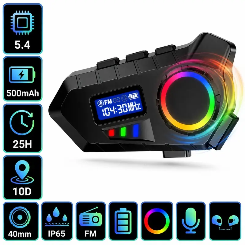 Wireless Motorcycle Helmet Headset, 500mAh Rechargeable Helmet Speaker with FM Receiver, Voice Assistant and Digital Display