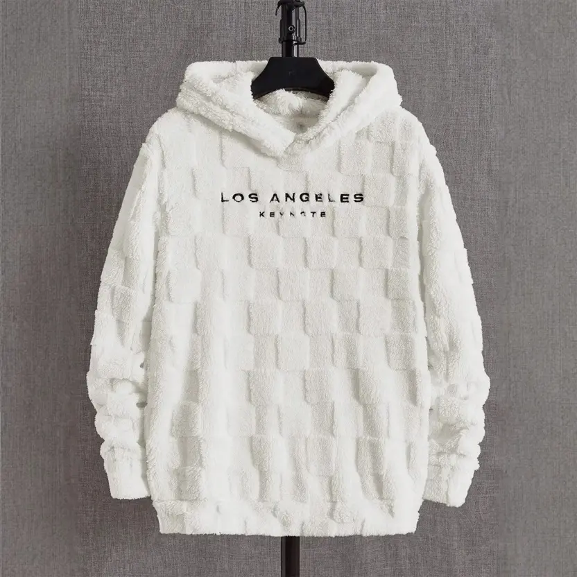 Los Angeles Embroidered Sherpa Fleece Hoodie, Unisex Oversized Pullover Sweatshirt, Warm Casual Long Sleeve Hooded Top for Fall Winter Streetwear