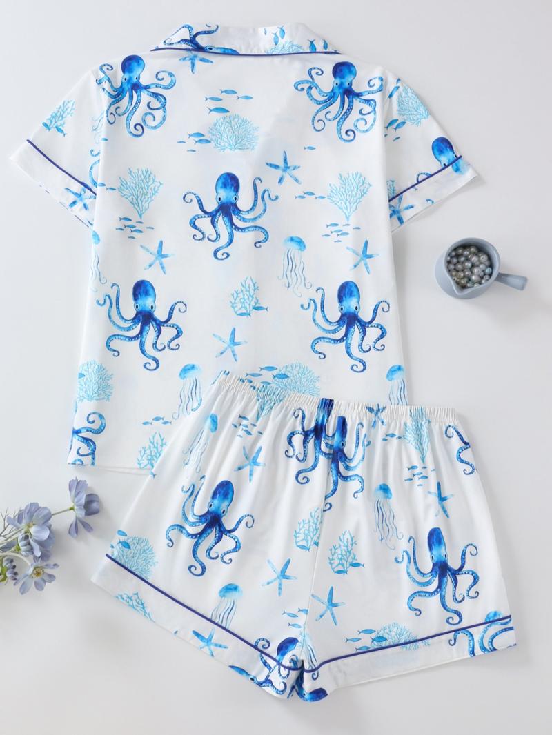Women's Octopus Print Button Front Shirt & Shorts Pyjama Set, Comfort Two-piece Pj Set for Homewear, Women's Sleepwear for All Seasons, Womenswear, Summer Sleepwear Set