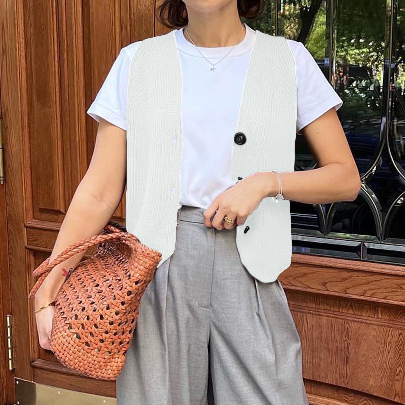 Ladies Female Women's Knitted Vest Solid Color V-Neck Button Down Lightweight Sweater Waistcoat Womenswear Cardigans Streetwear,3 Colors