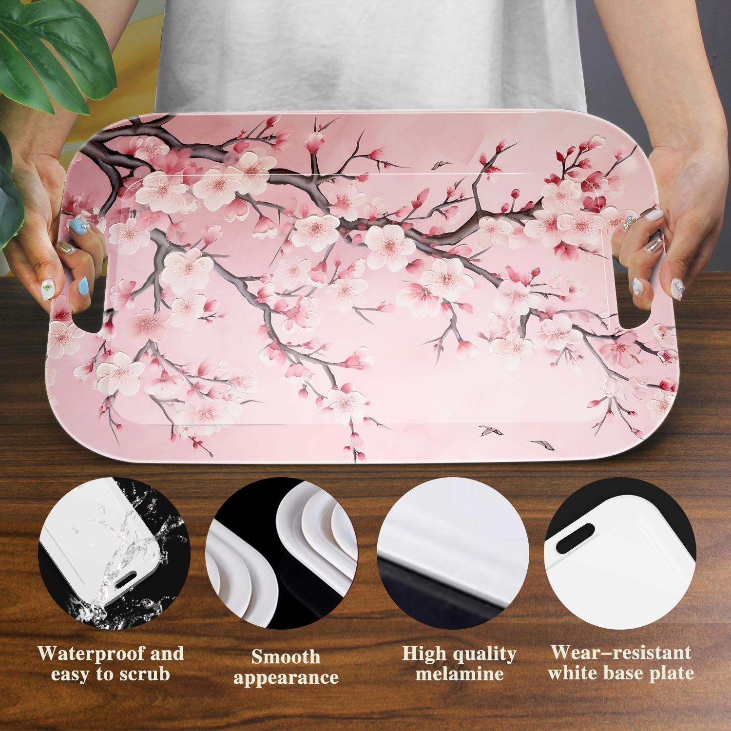 Japanese-Inspired Rectangular Serving Tray - Lightweight & Easy-Clean Table Tray with Handles, Elegant Pink Cherry Blossom Floral design for Dining, Living Room, Parties - Durable Melamine Decorative Platter, Home Entertaining, Contemporary Home Decor, S