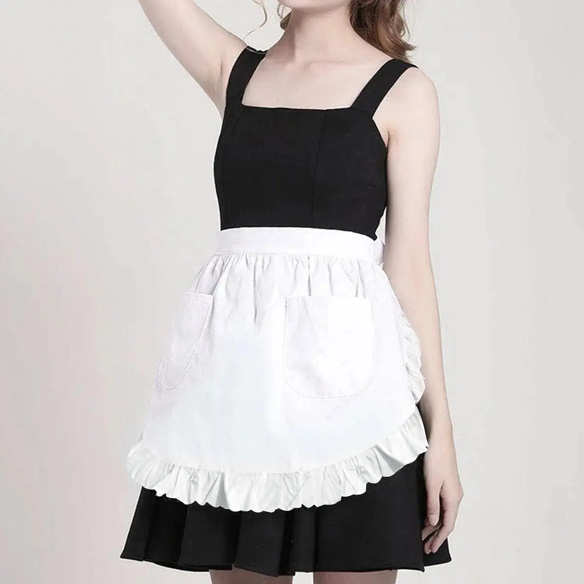 Women's Cotton Waist-Worn Apron - 1PC White, Onesize, Cute Edges, Adjustable Drawstring, All-Seasons Home Kitchen Cleaning & Maid Role Play Washable Apron