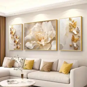 Luxury Triptych Oil Painting Scroll, Gold Butterfly Flower Unframed Wall Art, Artwork, Modern Living Room Decor, Home Decoration
