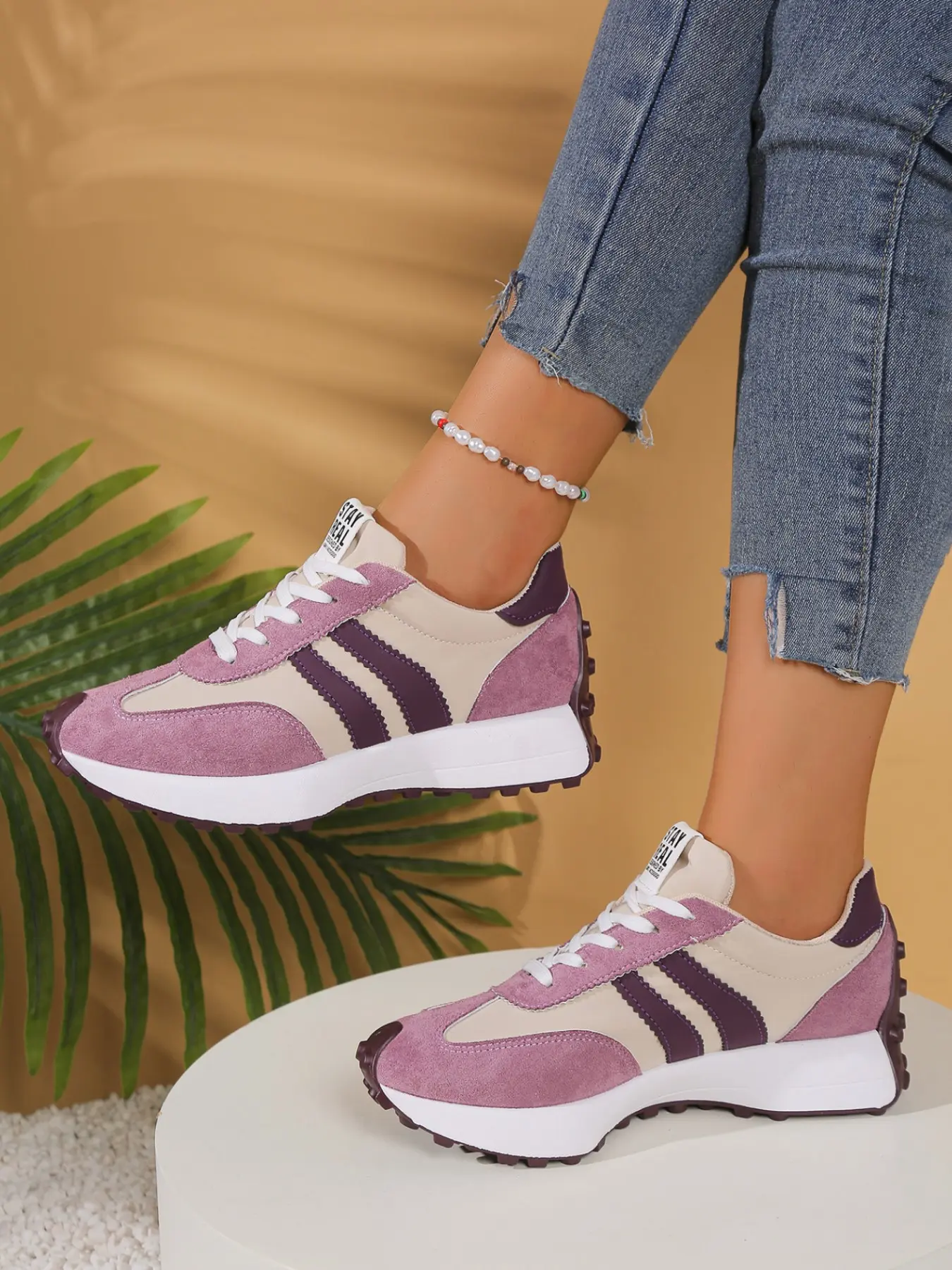 Comfortable Retro Striped Thick Sole Sneakers, Neutral Rubber Sole Walking Training Shoes, Lightweight Casual Sports Shoes, Anti-Slip Daily Wear
