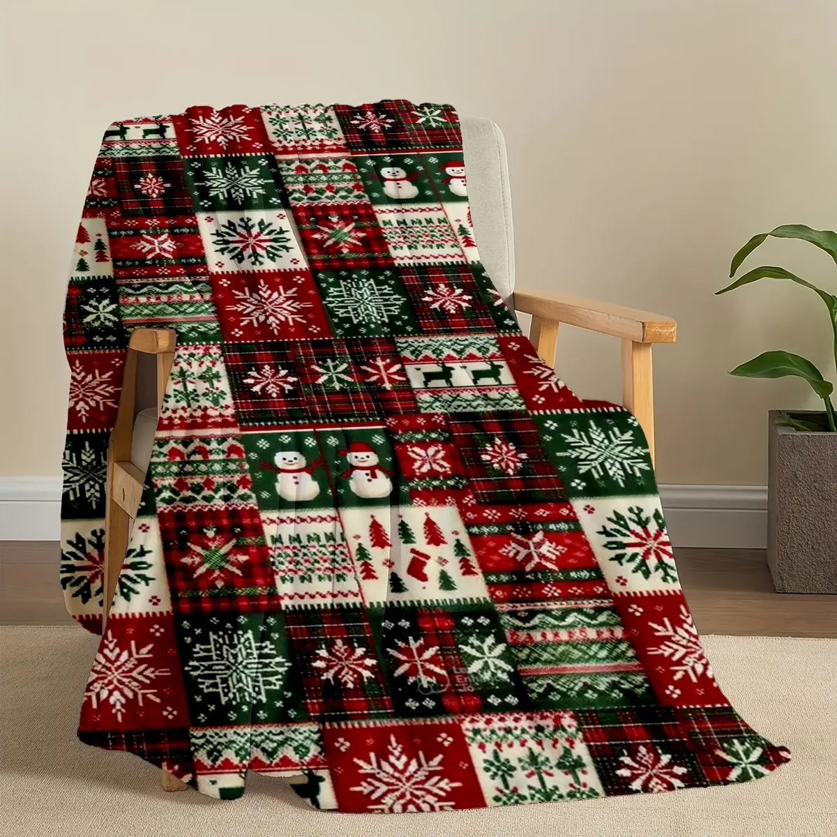 1PC Red Green Plaid Patchwork Christmas Square Flannel Blanket, Nordic Knit Snowflake Snowman Reindeer Print Soft Throw Blanket, Vintage Holiday Lover Nap Cover For Sofa Office, All Season Classic Festive Decor Bed Throw, Checkered Knitted Blanket
