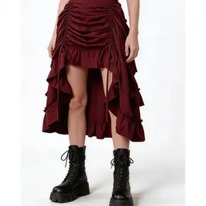 Women's Gothic Dark Flared Maxi Skirt - Chic, Solid, Elegant, Loose-Fitting, Front-Pleated, Elastic Waist Polyester Fabric Clothes, Ruffled, Machine Washable Skirts for Halloween, Steampunk，Womensear