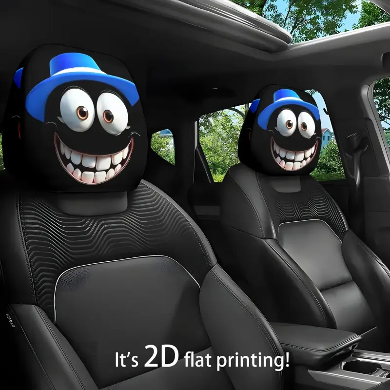 2-piece set of classic cartoon blue hat and smiley face themed printed car seat cushions and headrest neck pillows - Cute design - Car interior cushions, car accessories, suitable for all seasons, an ideal choice for car interior accessories.